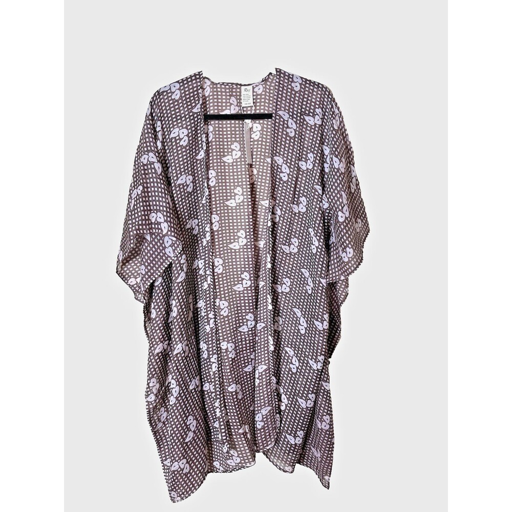 Raj Women's Brown/White Floral Kimono Wrap Open Front Cover Up One Size